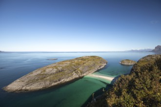 Sunny day and turquoise blue sea at Hovdsundet near Bodø, Nordland, Norway