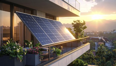 Sunlight Glinting Off Solar Panels on Contemporary Apartment Balcony, energy solution, concept of