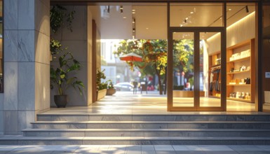 Modern building entrance with stairs, glass facade, and plants in warm evening light, empty
