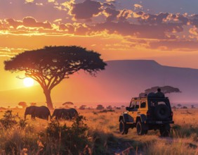 African savannah sunrise with a jeep safari and elephants, AI generated