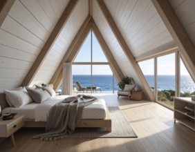 Peaceful A-frame cabin interior with ocean views, real estate lifestyle and travel destination,