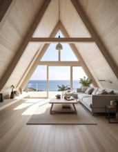 Peaceful A-frame cabin interior with ocean views, real estate lifestyle and travel destination,