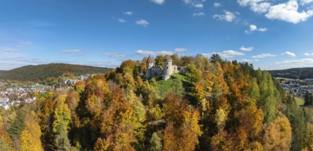 Aerial view, panorama of the ruins of Honburg Castle on the Honberg above the town of Tuttlingen,