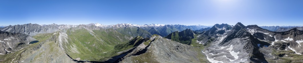 360° alpine panorama, aerial view with summit of Grossvenediger, Venediger Group and Lasörling