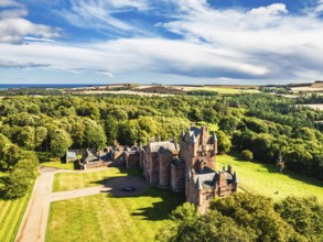 Ayton Castle from a drone, Ayton, Eyemouth, Scottish Borders, Scotland, UK