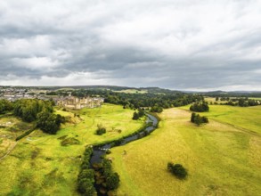 Alnwick Castle from a drone, Alnwick, Northumberland, England, United Kingdom
