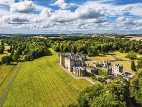 Floors Castle and garden from a drone, Duke of Roxburghe, Roxburghshire, Scotland, UK