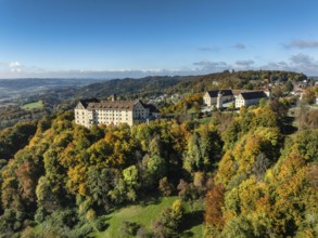 Aerial view of Heiligenberg Castle, a Renaissance-style palace complex, Tübingen administrative