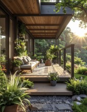 An eco-friendly porch designed for sustainable living in an environmentally-conscious home, lush