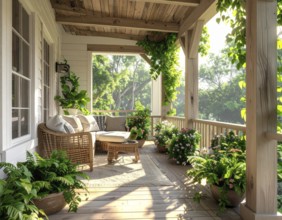 An eco-friendly porch designed for sustainable living in an environmentally-conscious home, lush