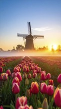 Fog covered landscape in sunrise with tulip fields and windmill in background, AI generated