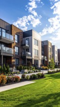 Modern apartment building with balconies and well-kept landscaping at sunset, Modern multifamily