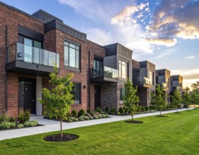 Modern apartment building with balconies and well-kept landscaping at sunset, Modern multifamily
