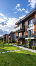 Modern apartment building with balconies and well-kept landscaping at sunset, Modern multifamily