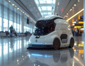 Autonomous cleaning roboter at modern airport terminal, showcasing advanced technology, daylight in