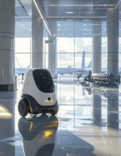 Autonomous cleaning roboter at modern airport terminal, showcasing advanced technology, daylight in