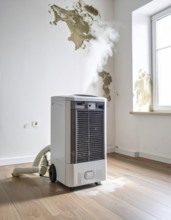 A specialized dehumidifier operates in a mold-infested room following water damage, Shell