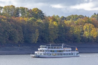 Excursion boat, Biggesee near Sondern, Olpe, Sauerland, North Rhine-Westphalia, Germany