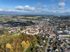 Aerial view of the city of Messkirch with Messkirch Castle and Castle of the Counts of Zimmern,