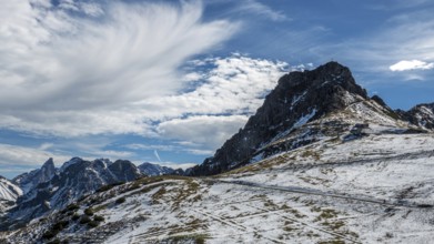 Right pulpit wall, back left mountains of the Allgäu Alps, cloud formation, Vorarlberg, Austria