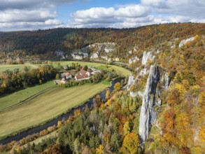 Aerial view of Käppeler Manor with St. George's Basilica near Thiergarten in the Upper Danube