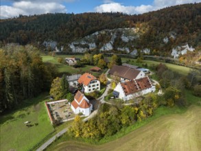 Aerial view of Käppeler Manor with St. George's Basilica near Thiergarten in the Upper Danube