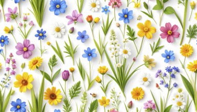 Vibrant wildflowers and grass create a colorful and joyful floral pattern, Variety of wild flowers,