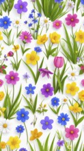 Vibrant wildflowers and grass create a colorful and joyful floral pattern, Variety of wild flowers,