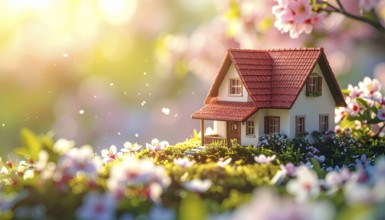 A miniature house surrounded by blooming cherry blossoms and warm sunlight, creating a peaceful and