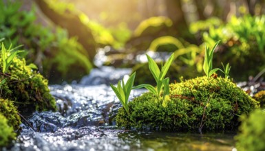 Beautiful spring detailed stream of fresh water, vibrant blooming young green plants, wallpaper