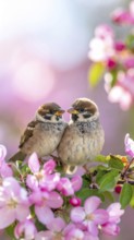 Small funny Sparrow Chicks sit in the garden surrounded by pink Apple blossoms on a Sunny may day,