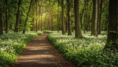 A tranquil forest path lined with white flowers, surrounded by tall trees and bathed in soft