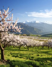 Landscape with a blooming apricot tree, idilyc spring nature, green grass and mountains in