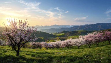 Landscape with a blooming apricot tree, idilyc spring nature, green grass and mountains in