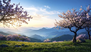 Landscape with a blooming apricot tree, idilyc spring nature, green grass and mountains in