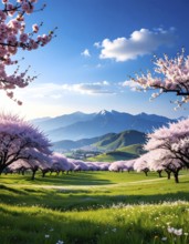 Landscape with a blooming apricot tree, idilyc spring nature, green grass and mountains in