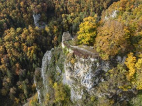 Aerial view of the viewpoint, shovels and Hausen Castle, also known as the Hausen ruins, surrounded