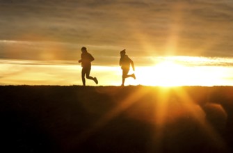 Woman and child walk across a dike on the island of Fehmarn at sunset, 13.10.2025, Fehmarn,