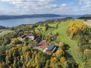 Aerial view of Lake Constance, Überlinger See, surrounded by autumn vegetation with Spetzgart