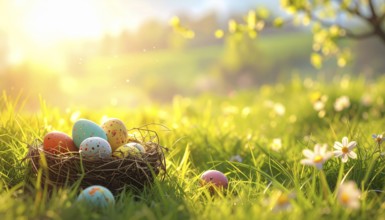 Nest with easter eggs in a basket on grass, sunny spring day, fresh beautiful landscape at