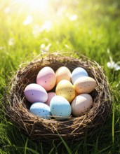 Nest with easter eggs in a basket on grass, sunny spring day, fresh beautiful landscape at