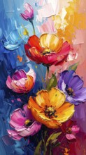 Closeup of abstract rough colorful multicolored organic floral spring flowers art painting texture,
