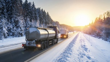 Petrol cargo truck lorry tanker driving on highway hauling oil products at sunrise, wide snowy