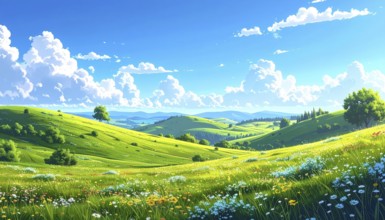 Fresh summer hilly Landscape with blooming Meadow, green plants, Blue Sky with cloudy sky, serene
