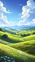 Fresh summer hilly Landscape with blooming Meadow, green plants, Blue Sky with cloudy sky, serene