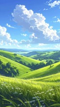 Fresh summer hilly Landscape with blooming Meadow, green plants, Blue Sky with cloudy sky, serene