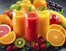 Fresh fruit juices in glasses, surrounded by colorful fruits, showcasing healthy drinking and
