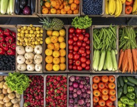 Fresh fruits and vegetables in a market display, aerial view perpendicular top down, healthy eating
