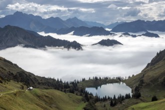 View of Seealpsee and Allgäu Alps, mountains rising from fog in the valley, Nebelhorn, Oberstdorf,