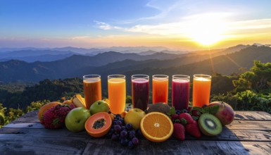 Fresh fruit juices in glasses, surrounded by colorful fruits, showcasing healthy drinking and
